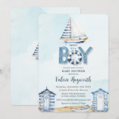 Invitation Nautical Blue Boat Beach Huts Boy Baby shower (Devant / Derrière)
