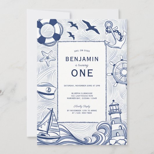 Invitation Nautical Blue Sailboat Lighthouse 1er anniversaire (Devant)
