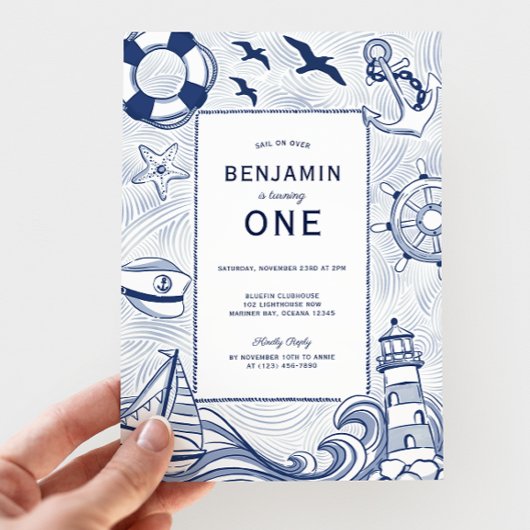 Invitation Nautical Blue Sailboat Lighthouse 1er anniversaire