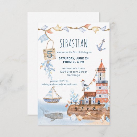 Invitation Nautical Boat Lighthouse Anniversaire (Devant / Derrière)