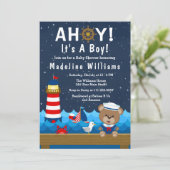Invitation Nautical Boy Bear Baby shower rouge et marine (Debout devant)