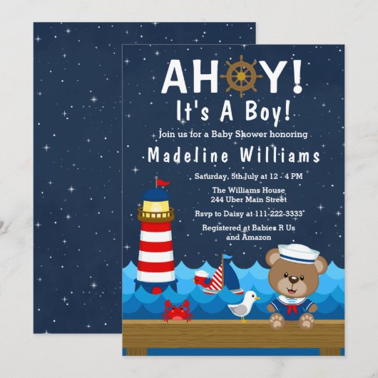 Invitation Nautical Boy Bear Baby shower rouge et marine (Devant / Derrière)