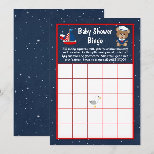Invitation Nautical Boy Bear Red et Navy Baby Bingo (Devant / Derrière)