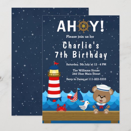 Invitation Nautical Boy Bear Rouge et Marine Anniversaire Par (Devant / Derrière)
