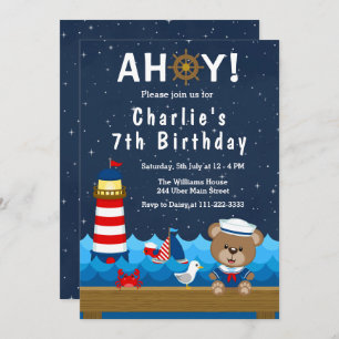 Invitation Nautical Boy Bear Rouge et Marine Anniversaire Par