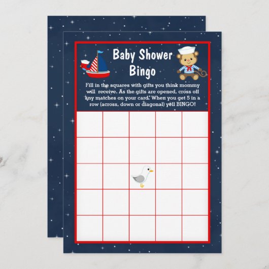 Invitation Nautical Boy Monkey Red et Navy Baby Bingo (Devant / Derrière)