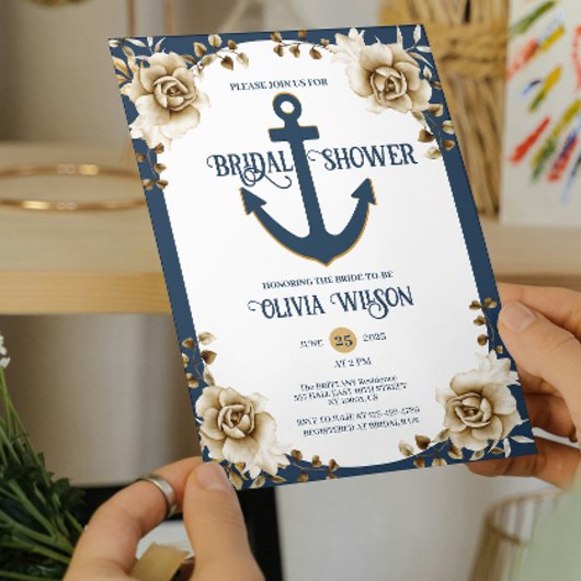 Invitation Nautical Bridal Shower Anchor Blue Gold Floral 