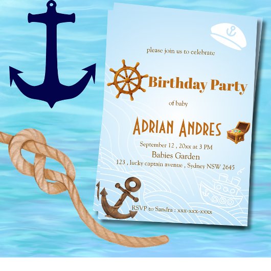 Invitation Nautical Captain Baby Boy First Birthday Invitatio
