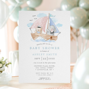 Invitation Nautical Éléphant Ours Aquarelle Bateau Baby Showe