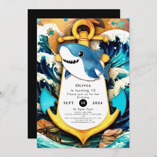 Invitation Nautical Kids Boho Shark Anniversaire (Devant / Derrière)