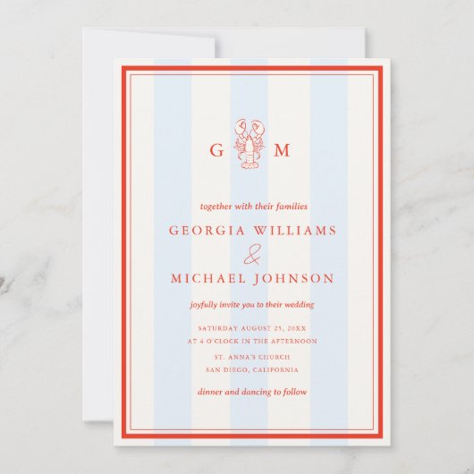 Invitation Nautical Monogram Red Blue Lobster Coastal Wedding (Devant)