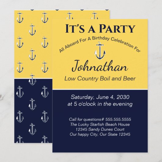 Invitation Nautical Navy Bleu Jaune Ancre fête d'anniversaire (Devant / Derrière)