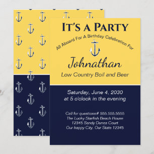 Invitation Nautical Navy Bleu Jaune Ancre fête d'anniversaire