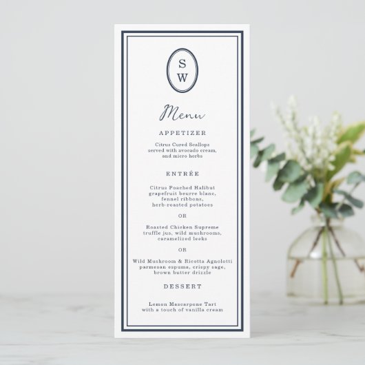 Invitation Nautical Navy Monogram Long Wedding Menu Card (Debout devant)