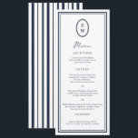 Invitation Nautical Navy Monogram Long Wedding Menu Card<br><div class="desc">Nautical Wedding Menu in classic navy and white — a chic coastal reception menu perfect for elegant seaside celebrations. Inspired by timeless Coastal Elegance and yacht-club aesthetics, this navy stripe monogram long menu is ideal for the modern coastal bride who loves refined simplicity. Style with striped table numbers, navy place...</div>