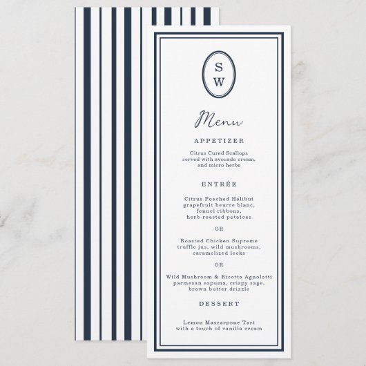 Invitation Nautical Navy Monogram Long Wedding Menu Card (Devant / Derrière)