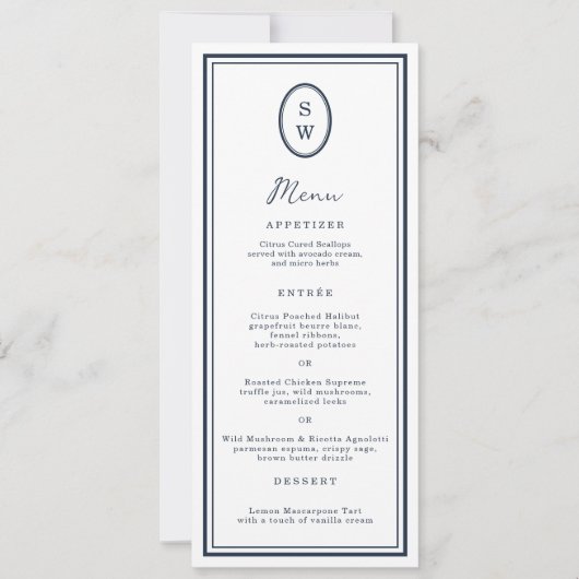 Invitation Nautical Navy Monogram Long Wedding Menu Card (Devant)