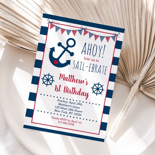 Invitation Nautical Navy & Red Ancre Boy Birthday