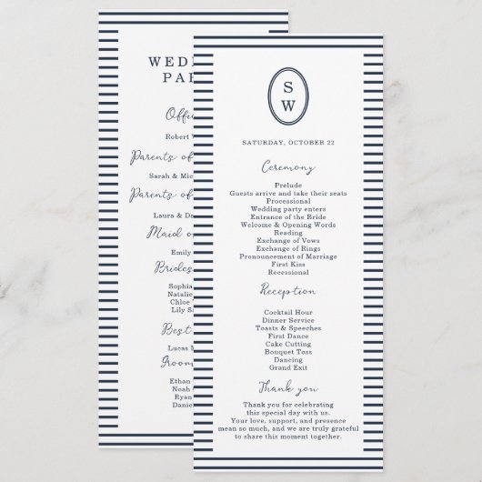 Invitation Nautical Navy Stripe Classic Wedding Program Card (Devant / Derrière)