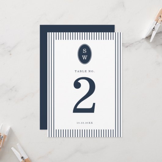 Invitation Nautical Navy Stripe Wedding Table Number Card (Devant/Arrière en situation)