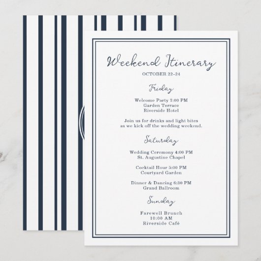 Invitation Nautical Navy Wedding Weekend Itinerary Card (Devant / Derrière)