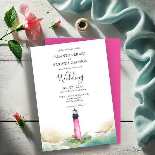 Invitation Nautical Pink Lighthouse Beach Destination Mariage
