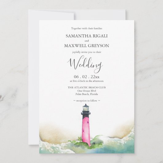 Invitation Nautical Pink Lighthouse Beach Destination Mariage (Devant)
