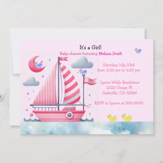 Invitation Nautical Pink Sailboat bébé fille douche Invitatio (Devant)