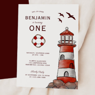 Invitation Nautical Rouge Phare Côté 1er Anniversaire