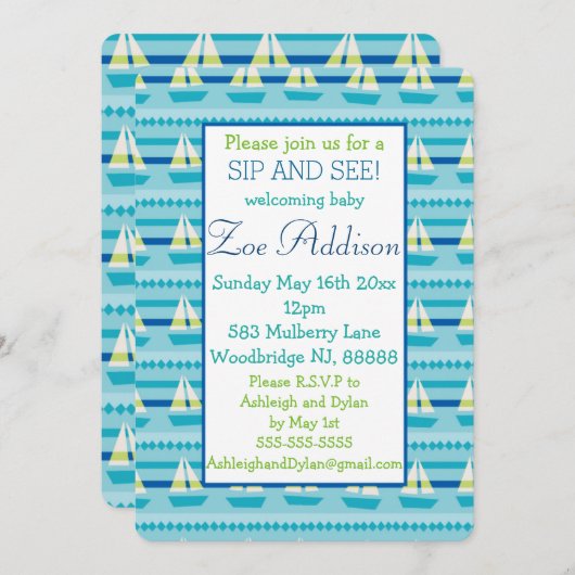 Invitation Nautical Sailboat bébé Sip and See (Devant / Derrière)