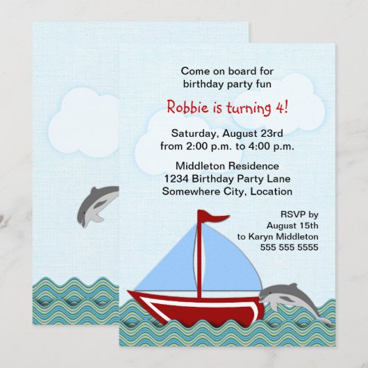 Invitation Nautical Sailboat fête d'anniversaire (Devant / Derrière)