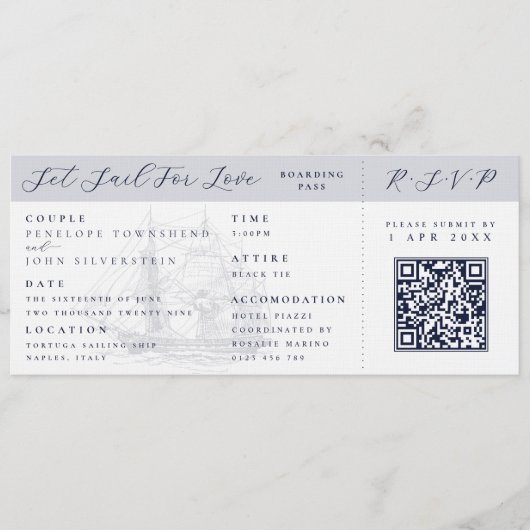 Invitation Nautical Ship Boarding Pass Destination Wedding  (Devant)