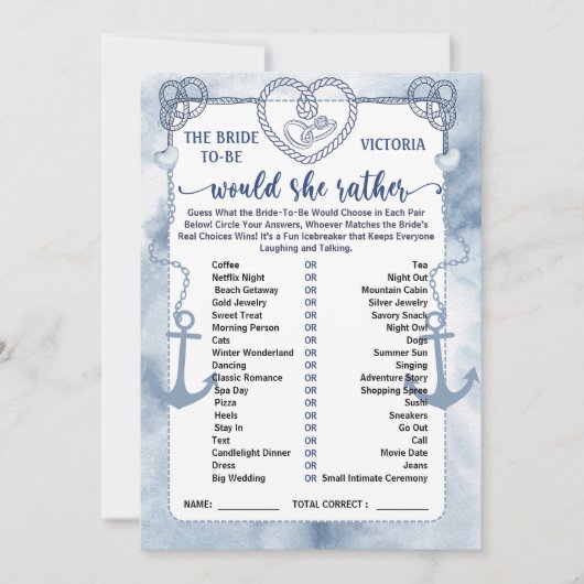 Invitation Nautical Would She Rather Game Bridal Shower card (Devant)