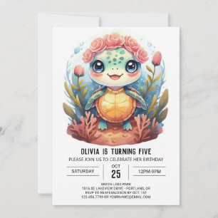 Invitation Nautique Aquarelle Tortue fille Anniversaire