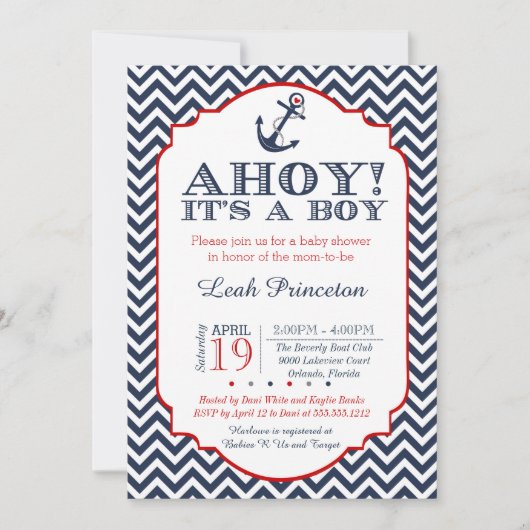 Invitation Nautique Baby Boy Shower Invitation, Chevron (Devant)