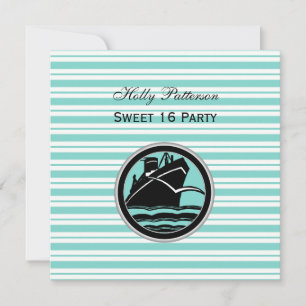 Invitation Nautique Bateau Lt Bleu Blanc Rayure #2 Carré Douc