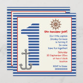 Invitation Nautique bleu, voilier blanc 1ère fête d'anniversa (Devant / Derrière)