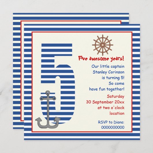 Invitation Nautique bleu, voilier blanc 5e anniversaire fête (Devant / Derrière)