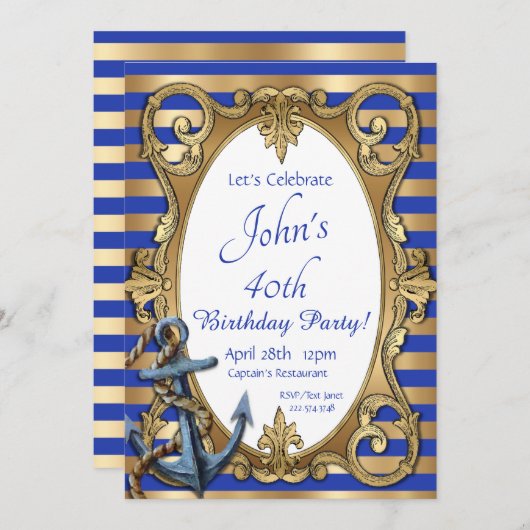 Invitation nautique bleue et or (Devant / Derrière)
