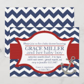 Invitation nautique de baby shower. Bleu marine et (Devant / Derrière)