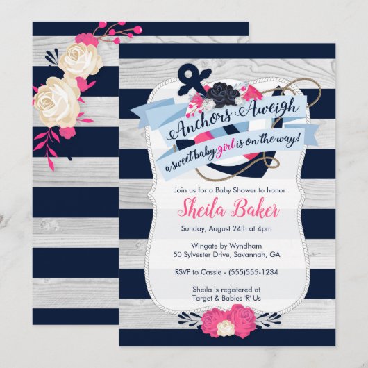 Invitation nautique de baby shower - fille (Devant / Derrière)