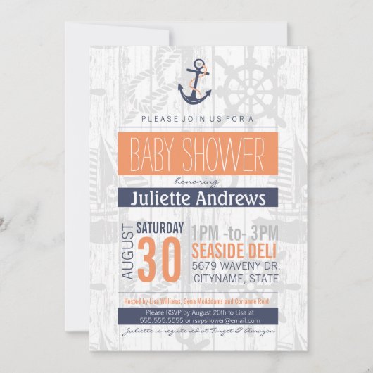 Invitation nautique de baby shower, orange bleue (Devant)