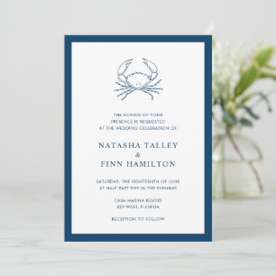 Invitation Nautique Marine Blue Crab Beach Mariage élégant