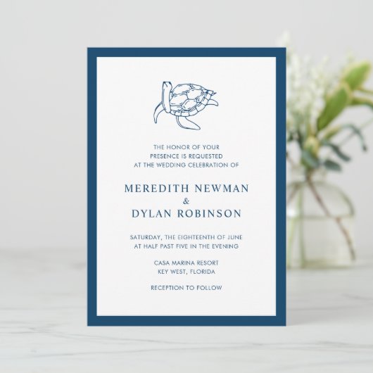 Invitation Nautique Marine Blue Sea Turtle Élégant mariage (Debout devant)
