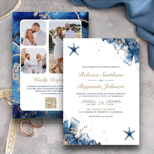 Invitation Nautique Marine Blue Starfish Photo QR Code Mariag