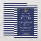 Invitation Nautique Marine Blue Stripes Gold REHEARSAL DINNER (Devant / Derrière)