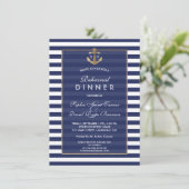 Invitation Nautique Marine Blue Stripes Gold REHEARSAL DINNER (Debout devant)