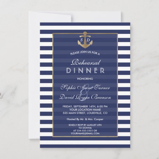 Invitation Nautique Marine Blue Stripes Gold REHEARSAL DINNER (Devant)