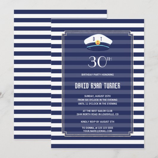 Invitation Nautique Marine Stripes Silver Man Anniversaire (Devant / Derrière)