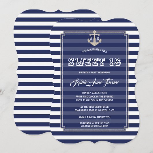 Invitation Nautique Marine Stripes Silver Sweet 16 Party (Devant / Derrière)